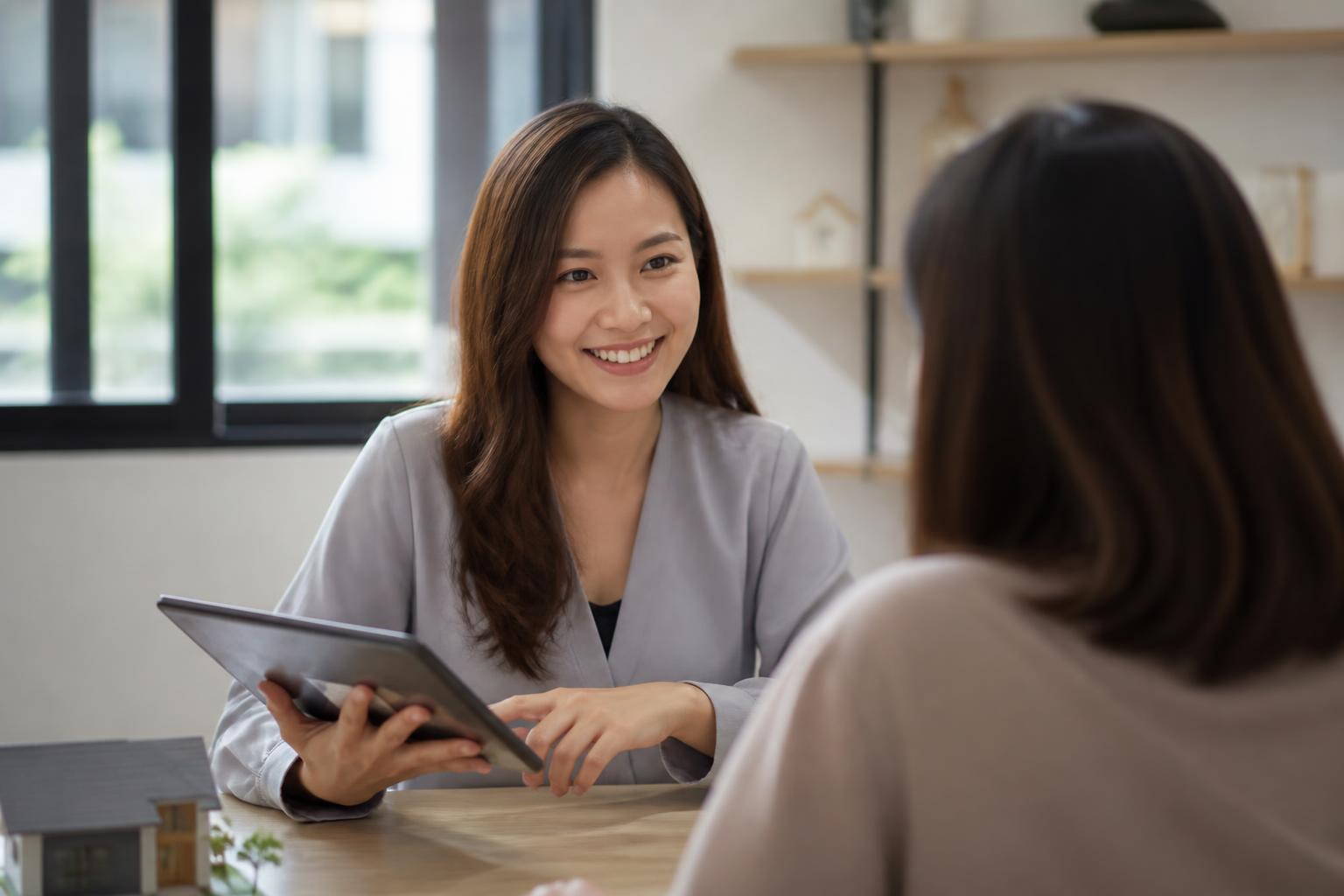 Property consultant advising a client one-on-one in the office