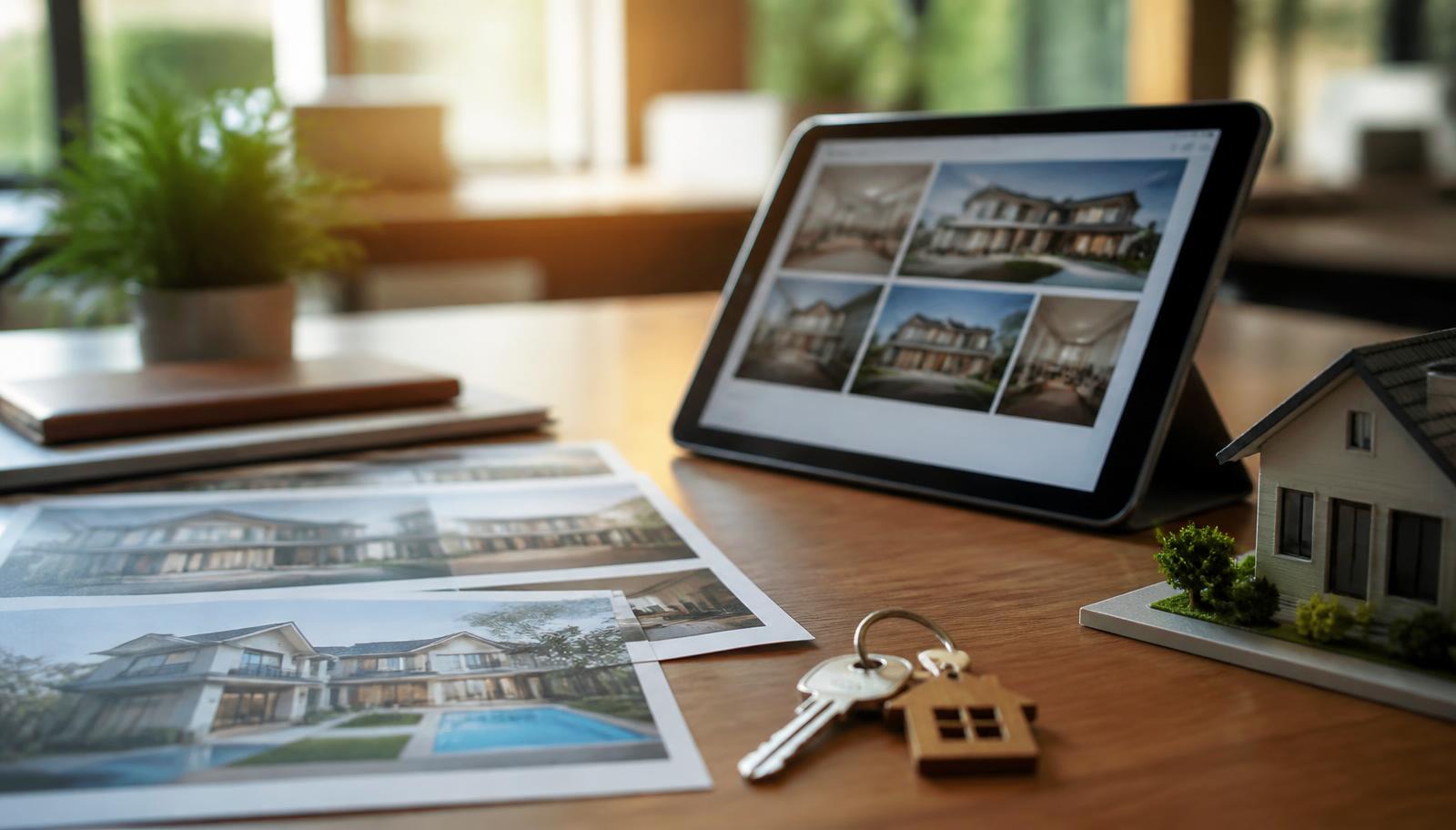 Real estate agent desk with consigned property photos and house keys