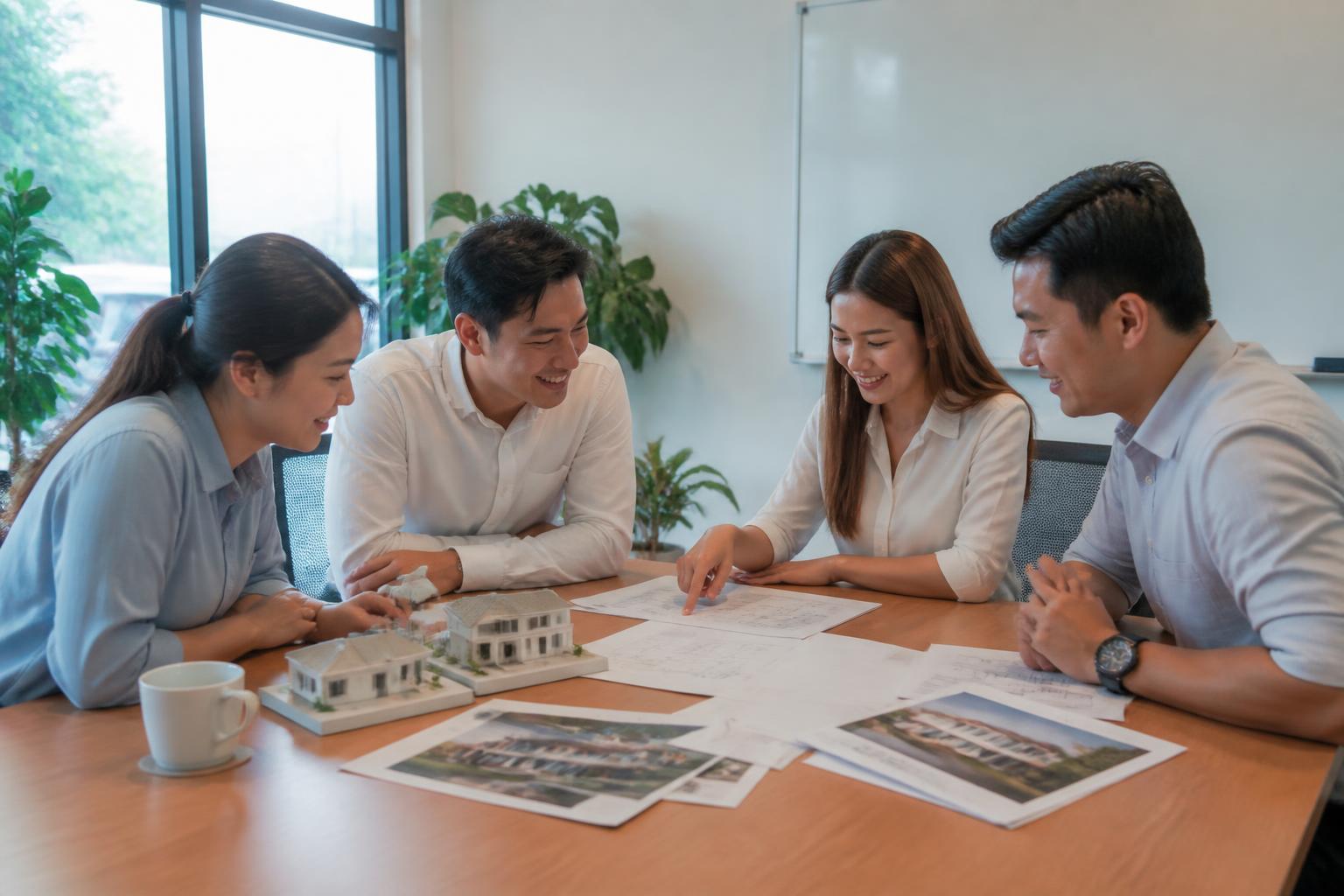 Real estate agency team reviewing property documents in the Khon Kaen office