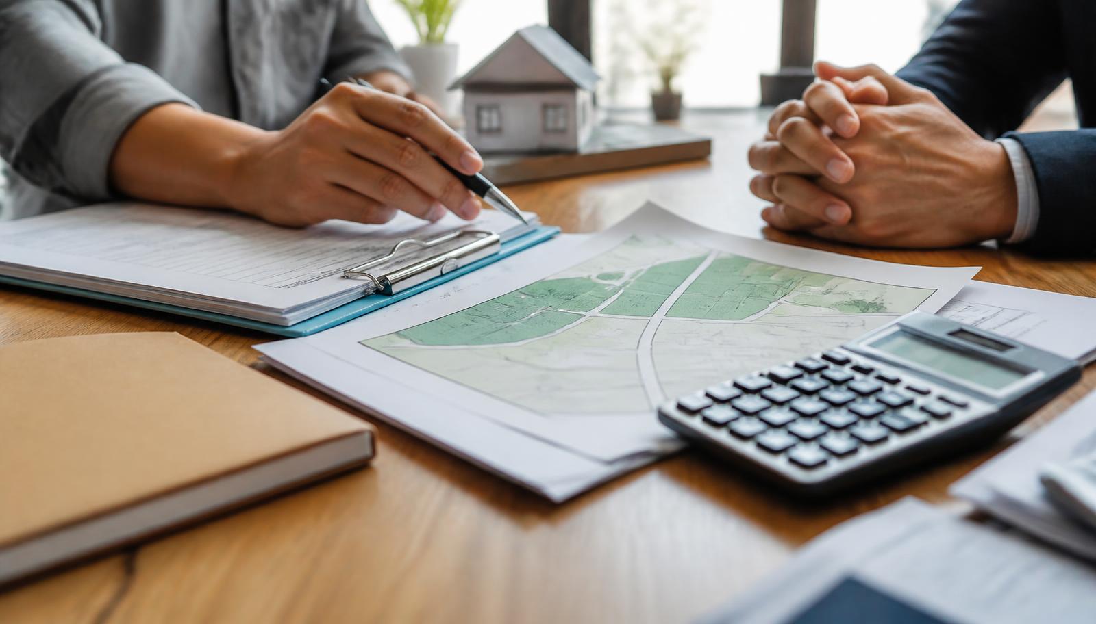 Advisor reviewing a land plot map and transfer documents during a valuation